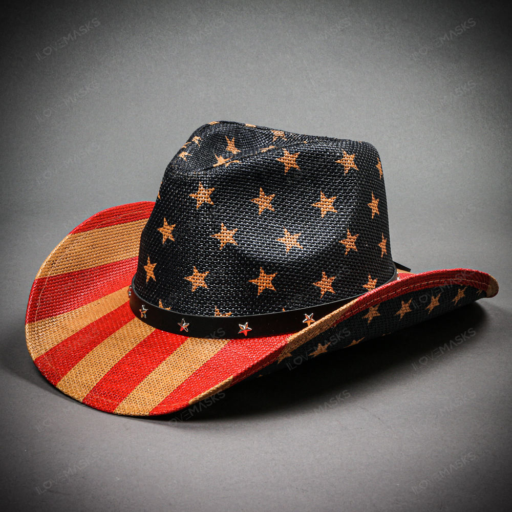 Cowboy USA Flag Curved Brim Party Hat - Blue Red
